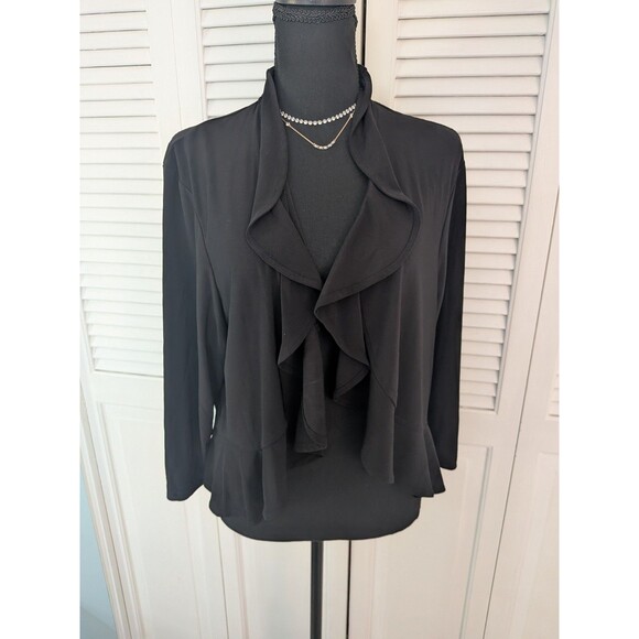 R&M Richards Crop Jacket Shrug Womens 1X Open Ruffle Front Black Academy Stretch - Picture 1 of 10